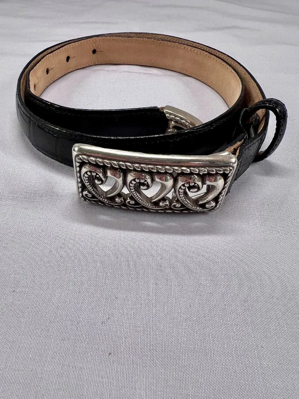 Brighton Belt Black Croc Embossed Leather Silver Heart Buckle Womens Medium 30